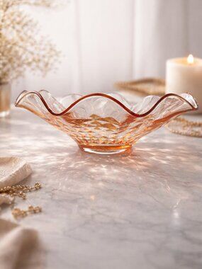 Vntg Pink Blush Pressed Glass Bowl 12” Ruffled Edge Diamond Pattern Centerpiece